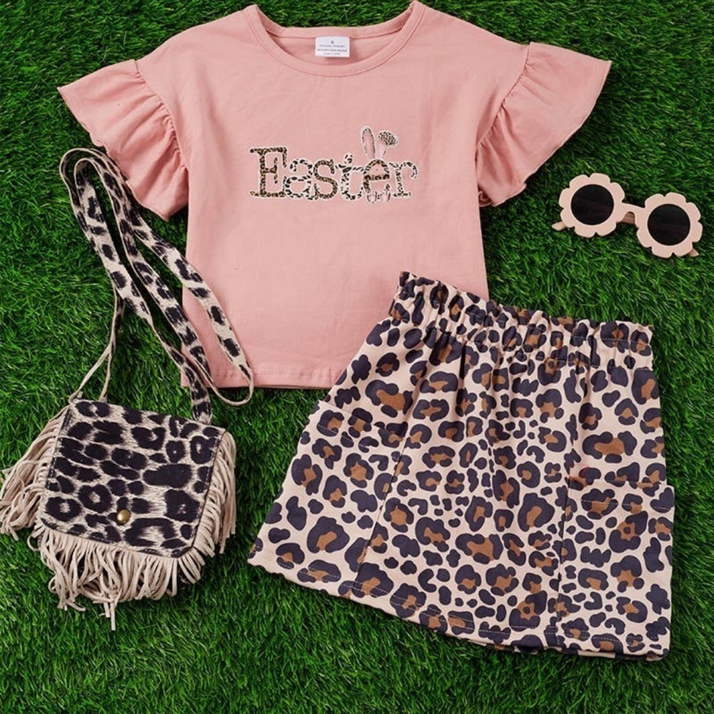 Easter with bunny short sleeve top with animal print skirt 6-12 months